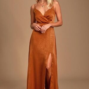 Lulus Constantine Rust Satin Maxi Dress, Small